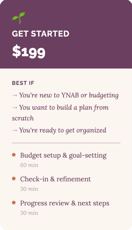 Get Started Get started - $199. Best if: you're new to YNAB or budgeting, you want to build a plan from scratch, you're ready to get organized. Includes a 60 minute call for budget setup & goal-setting, a 30 minute check-in & refinement call, a 30 minute progress revi